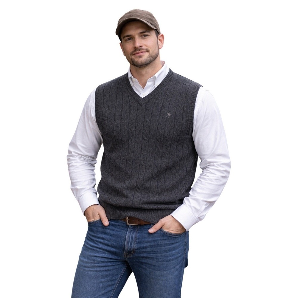 US Polo Assn Mens XL Charcoal Gray Cable Knit V-Neck Sweater Vest Cotton Blend